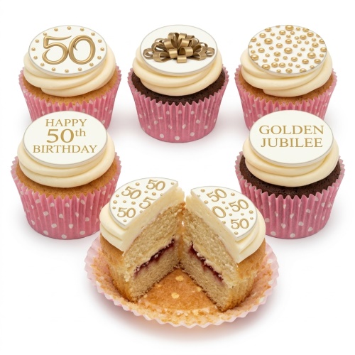 Cupcakes with gold '50' toppers, gold bow, and 'Happy 50th Birthday' and 'Golden Jubilee' messages.
