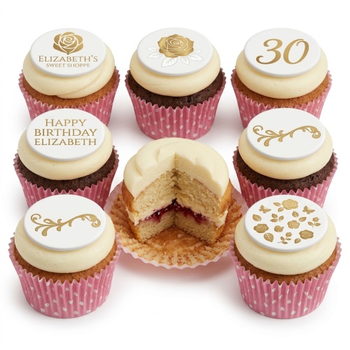 Assortment of elegant cupcakes with white frosting, gold rose, scroll designs, and custom age toppers in pink wrappers.