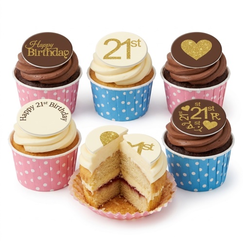 Adult birthday cupcakes with gold glitter 'Happy Birthday' and '21st' toppers on chocolate and vanilla frosting.