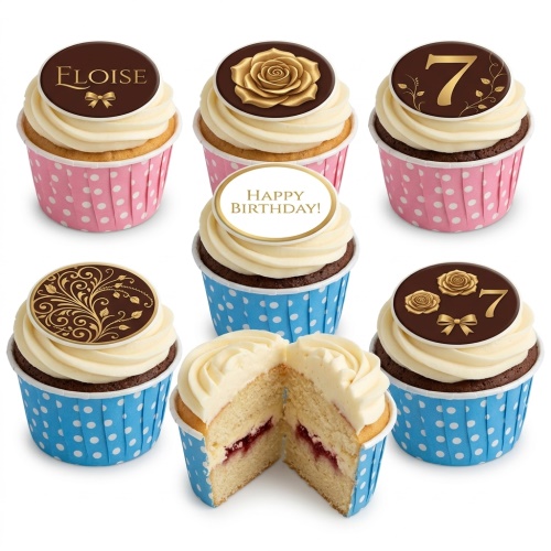 Elegant cupcakes with white frosting, gold floral, swirl, bow, and custom age toppers in pink and blue cases.