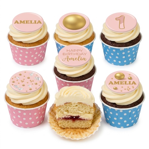 Pink and gold birthday cupcakes with white frosting, custom age topper, and personalised name plaques.