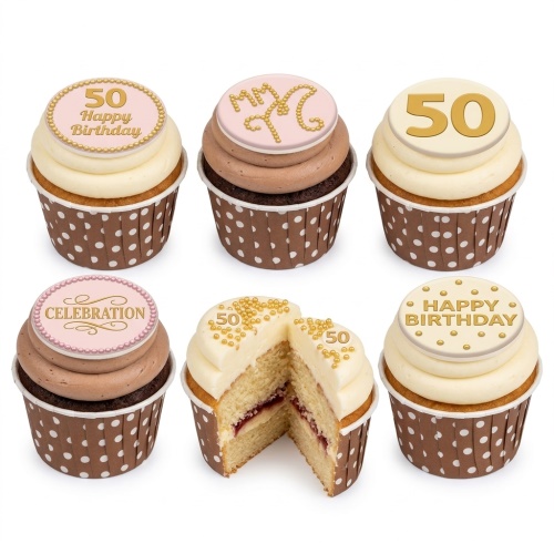 Six elegant birthday cupcakes with custom age toppers, gold sprinkles, and celebratory messages on pink and cream fondant.