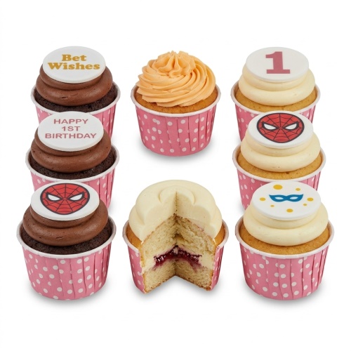 Spiderman themed birthday cupcakes with custom age topper and assorted designs in pink cases.