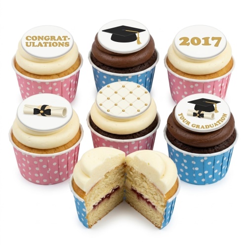A selection of graduation cupcakes with white and chocolate frosting, topped with edible graduation caps, diplomas, and 'CONGRATULATIONS' messages.