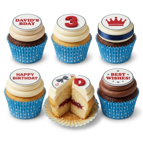 Assortment of personalised birthday cupcakes with custom age and message toppers, featuring crown and bow tie designs.