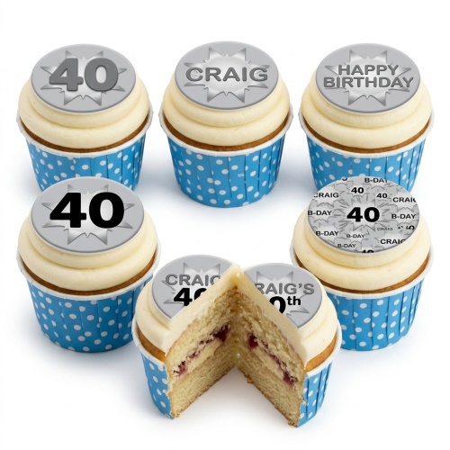 Adult birthday cupcakes with custom age and name toppers on blue polka dot cases.