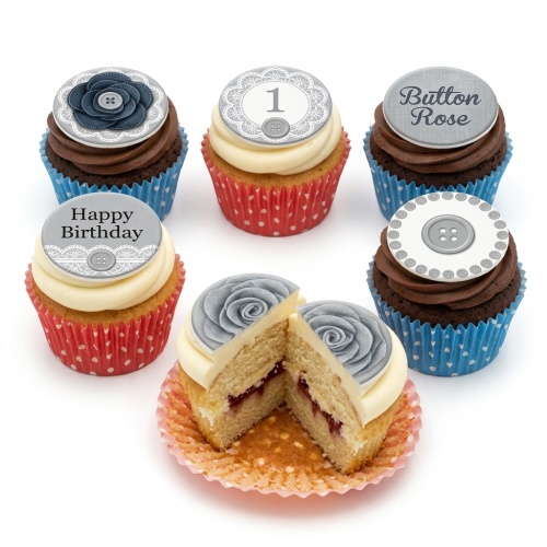 Assortment of vanilla and chocolate cupcakes with grey button rose, lace, and button-themed edible toppers