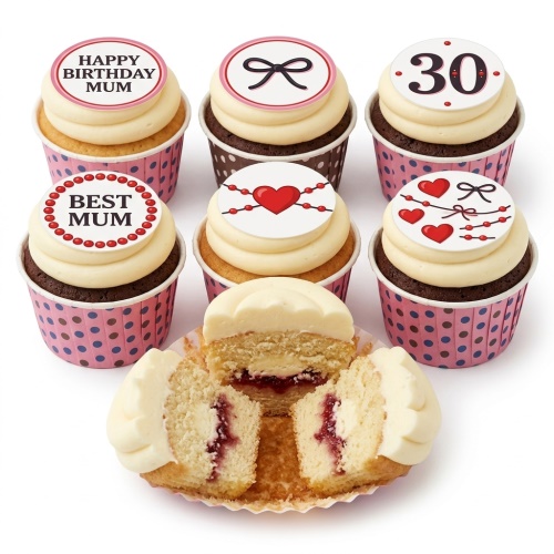 Assortment of personalised birthday cupcakes with cream frosting, heart and bow toppers, and custom age/message examples.