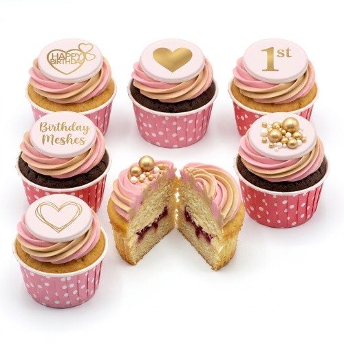 Pink and gold birthday cupcakes with heart toppers, edible pearls, and custom age example.
