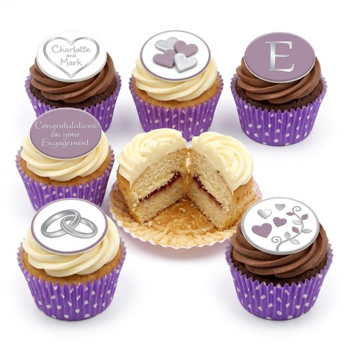 Vanilla and chocolate engagement cupcakes with purple and silver heart, ring, and custom message toppers.