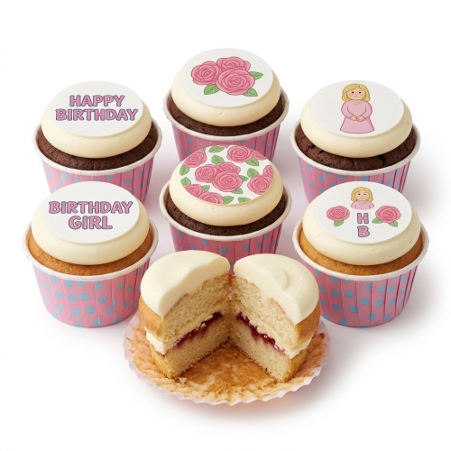 Birthday cupcakes for her with pink floral and girl character edible toppers on vanilla and chocolate sponges.