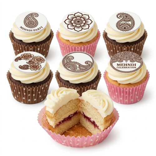 A selection of cupcakes with white frosting and edible toppers featuring brown Mehndi and henna-inspired designs, some with 'Mehndi Party' and 'Mehndi Celebration' text.