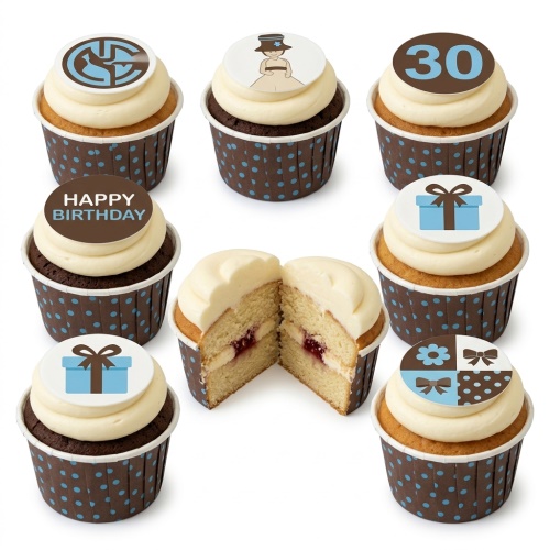 Assortment of ladies birthday cupcakes with elegant designs, gift boxes, and custom age toppers.