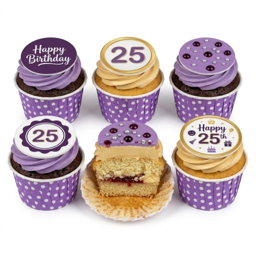 Purple and gold custom age birthday cupcakes with "Happy Birthday" and "25" toppers, polka dots, and sprinkles.
