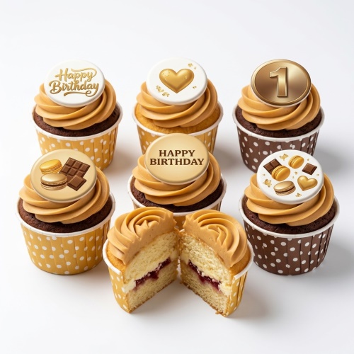 Assortment of chocolate cupcakes with caramel frosting, custom age, Happy Birthday, and treat toppers.