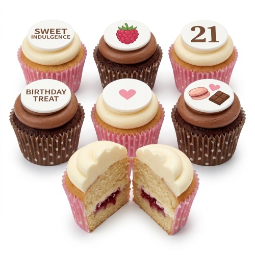 Assortment of vanilla and chocolate cupcakes with sweet treat and custom age toppers.