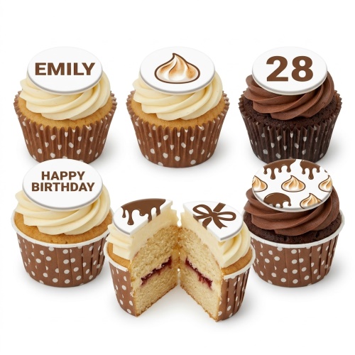 Assortment of custom design birthday cupcakes with personalised name, age, and decorative toppers.
