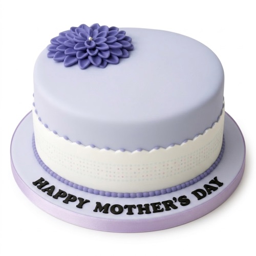 Single-tier round lavender cake with a purple sugar flower and 'Happy Mother's Day' message.