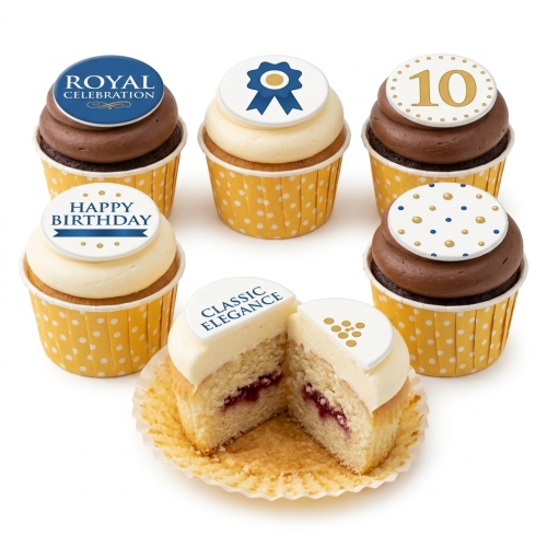 Assortment of elegant birthday cupcakes with blue and gold toppers, including custom age and celebration messages.