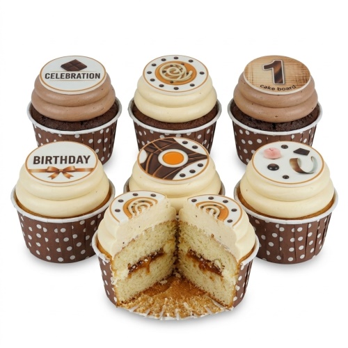 Assorted birthday celebration cupcakes with brown and cream frosting, featuring abstract designs and a custom age '1' topper.
