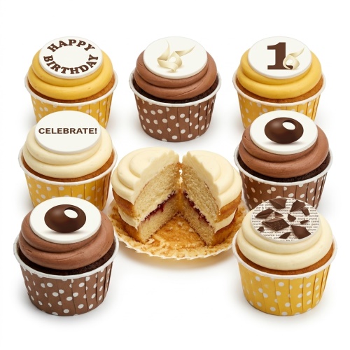 Assorted birthday cupcakes with yellow and brown polka dot cases, topped with frosting, custom age numbers, "Happy Birthday" message, "Celebrate!" message, chocolate decorations, and chocolate pieces.