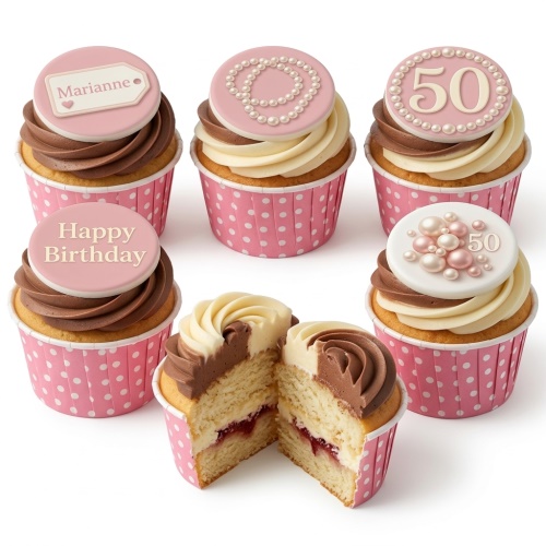 Elegant pearl-themed birthday cupcakes with pink and white frosting, custom age topper, and personalised message example.