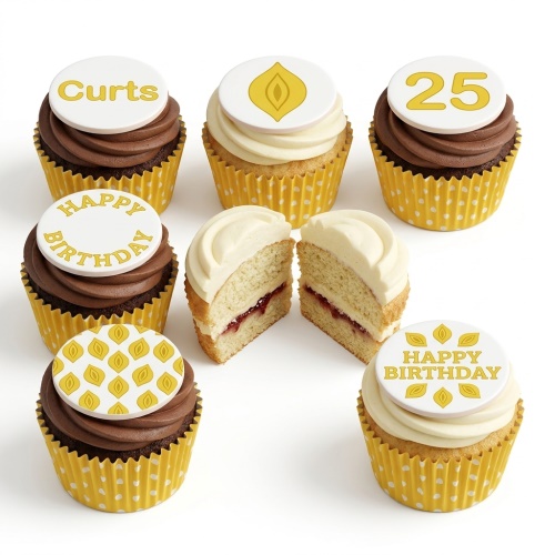 Birthday cupcakes with chocolate and vanilla frosting, custom age, name, 'Happy Birthday' and leaf pattern toppers.
