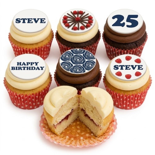 Assorted personalised birthday cupcakes with custom name, age, and message toppers, decorated with raspberries and chocolate.