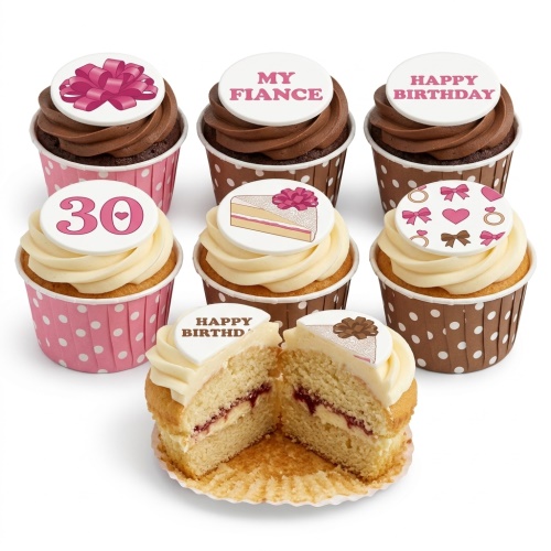 Assortment of vanilla and chocolate cupcakes with white and brown frosting, topped with edible discs featuring pink bows, hearts, rings, a cake slice, and customisable messages like "Happy Birthday" and "30".