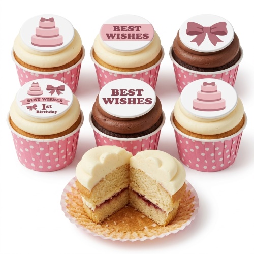 Girls birthday cupcakes with pink polka dot cases, cream and chocolate frosting, topped with edible cake, bow, and 'Best Wishes' designs, including a '1st Birthday' example.