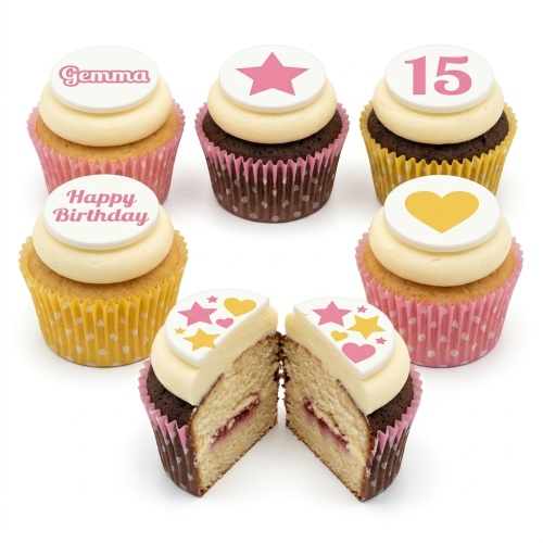 Assorted birthday cupcakes with pink stars, yellow hearts, and custom age/name toppers.
