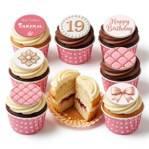 Assorted elegant ladies birthday cupcakes with custom age, floral, quilted, and bow toppers on vanilla and chocolate frosting.
