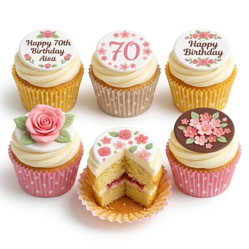 Assorted floral birthday cupcakes with sugar paste flowers and custom age toppers.