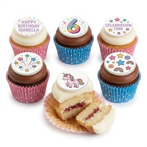 Cupcakes with unicorn, rainbow, stars, fireworks, and custom age toppers in pink and blue wrappers.