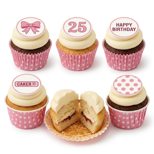 Set of pink and white birthday cupcakes with various toppers including a bow, custom age, Happy Birthday, and polka dots.