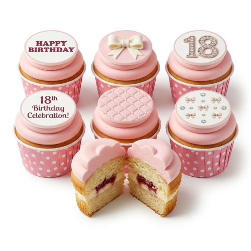 Pink birthday cupcakes with custom age topper, bow, quilted pattern, and 'Happy Birthday' message.