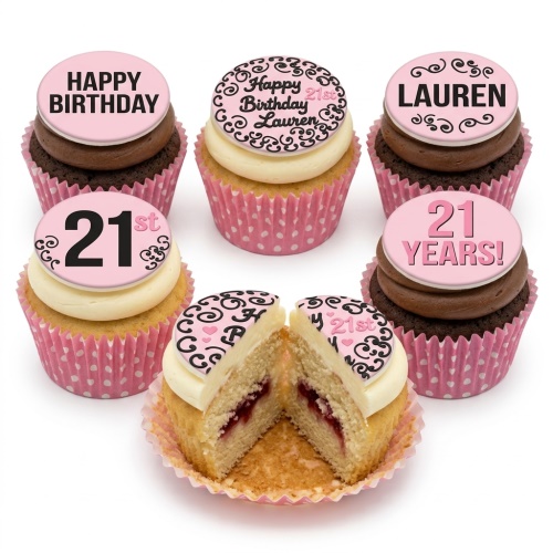 Pink and black birthday cupcakes with custom age and name toppers, featuring swirl and heart decorations.