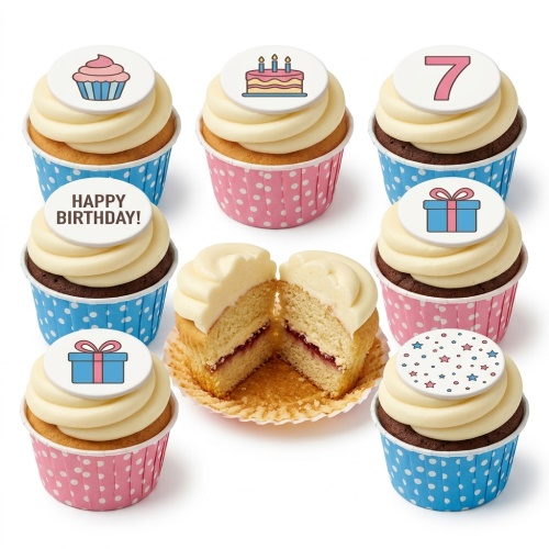 Assortment of birthday cupcakes with white frosting, pink and blue polka dot cases, and celebration toppers including a custom age number.
