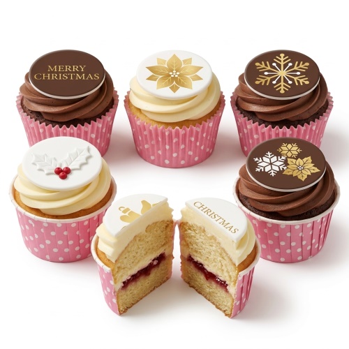 Assorted Christmas cupcakes with chocolate and vanilla frosting, decorated with holly, poinsettias, and snowflakes.