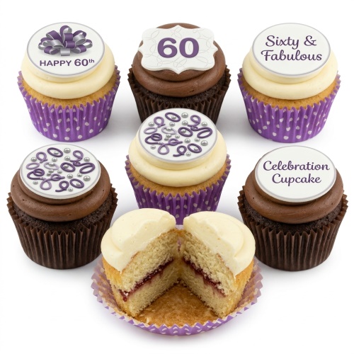 A selection of purple and silver celebration cupcakes with custom age and message toppers.