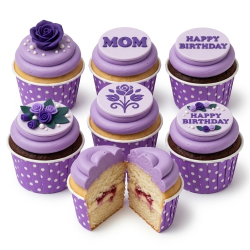 Purple floral birthday cupcakes with rose decorations and custom messages.