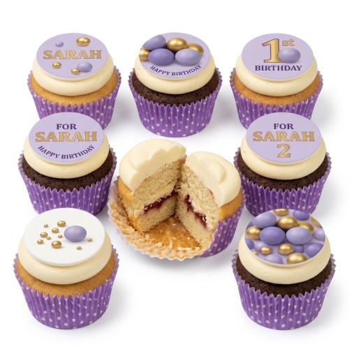 Purple and gold birthday cupcakes with decorative spheres and custom age/name toppers.