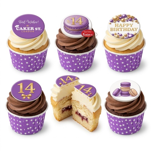 Six birthday cupcakes with purple polka dot wrappers, featuring macaron designs, "Happy Birthday" message, and a custom age topper.