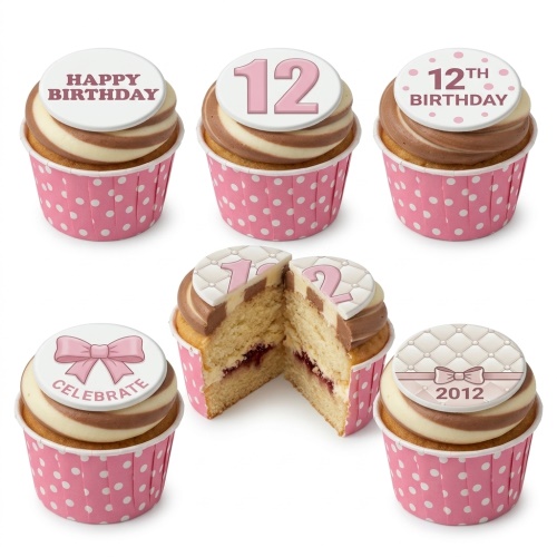 Pink polka dot cupcakes with white and chocolate swirl frosting, topped with white fondant discs featuring pink bows, 'Happy Birthday', 'Celebrate', and custom age numbers.