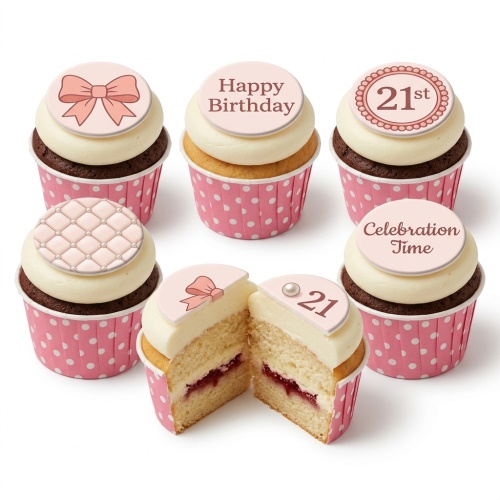 Six pink and white cupcakes with bow, quilted, and custom age toppers.
