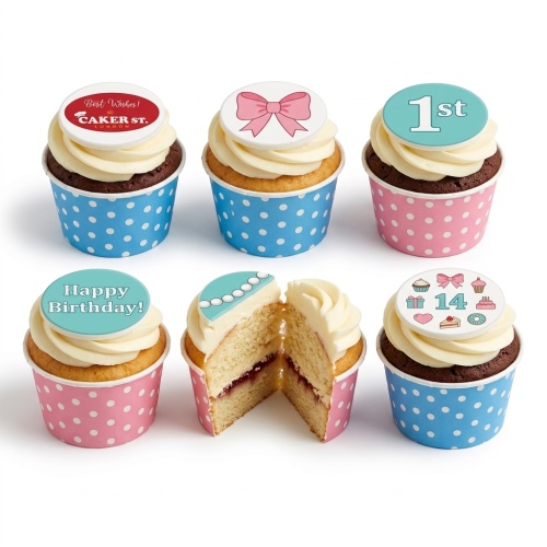 Assortment of birthday cupcakes with white frosting, pink bows, pearl decorations, and custom age toppers in pink and blue polka dot cases.