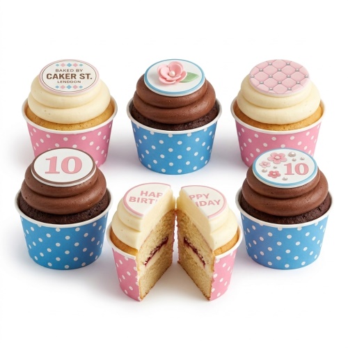 A set of six colourful birthday cupcakes in pink and blue polka dot wrappers, featuring custom age toppers and floral decorations.