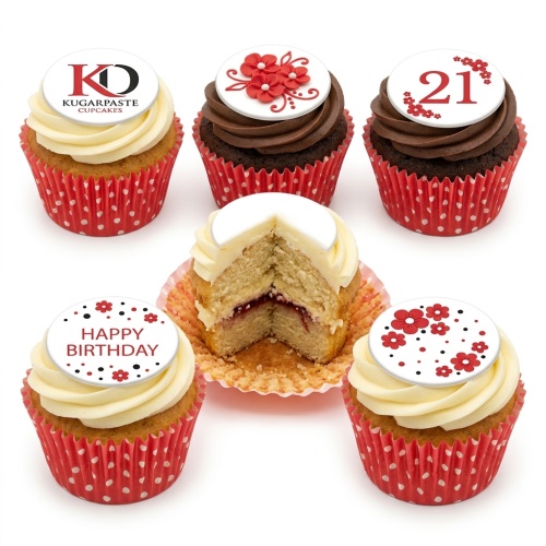 Assortment of red floral birthday cupcakes with custom age topper and 'Happy Birthday' message on white frosting.