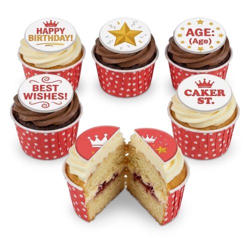 Six celebration cupcakes with red and white polka dot wrappers, featuring custom age, star, crown, and message toppers.