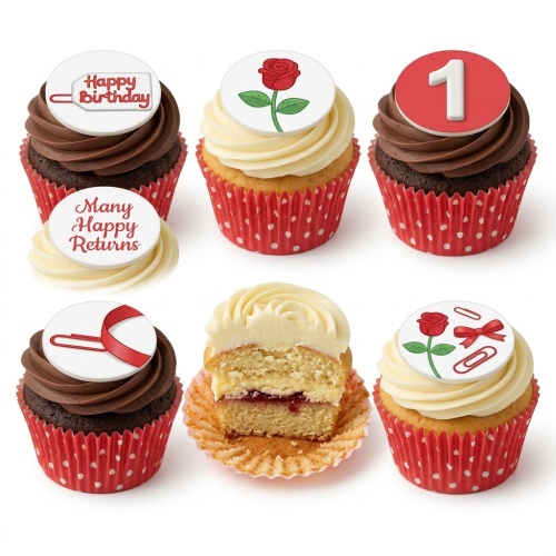 Assortment of chocolate and vanilla cupcakes with white and red floral, happy birthday, and custom age toppers.